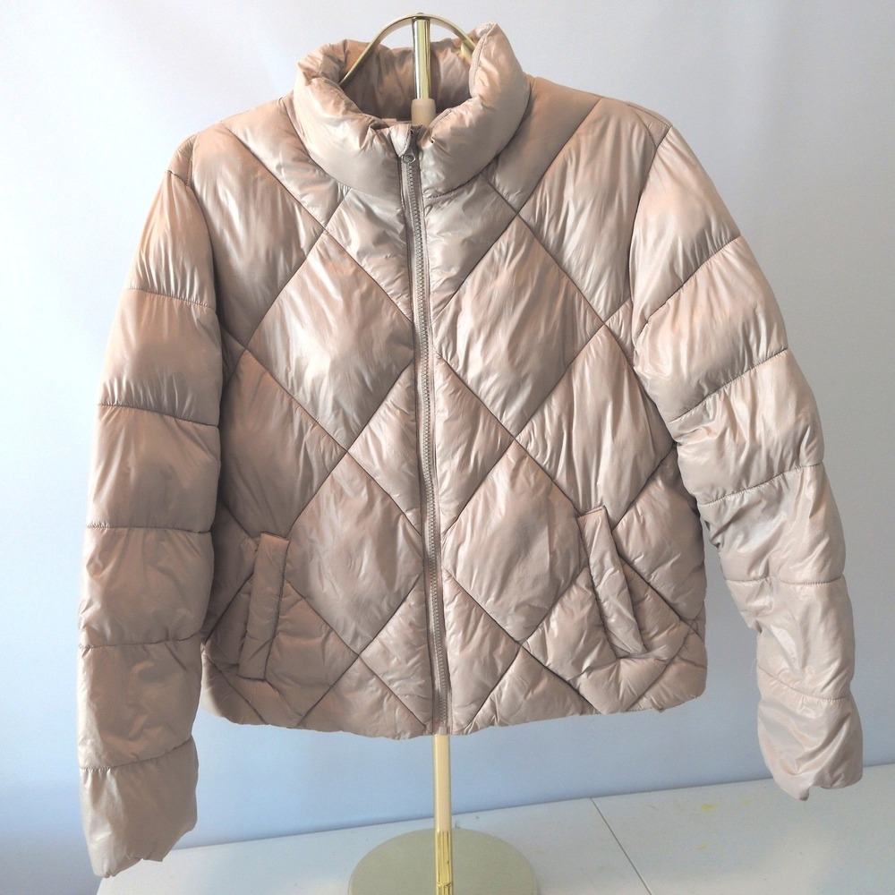 Time and Tru Puffer Jacket Women L Beige Diamond Quilted Funnel Neck Winter Coat
